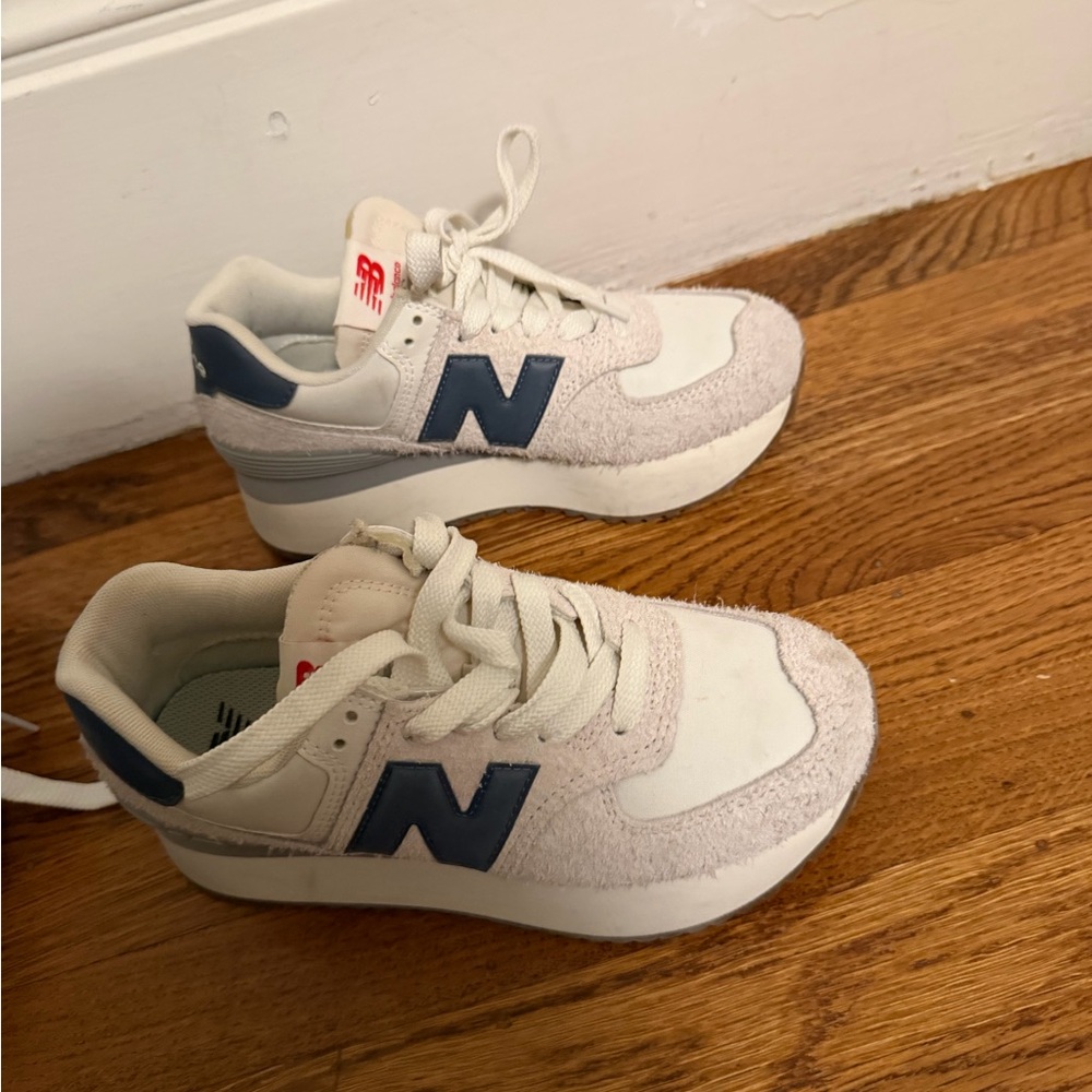 New Balance Kids' Cream and Navy Sneakers